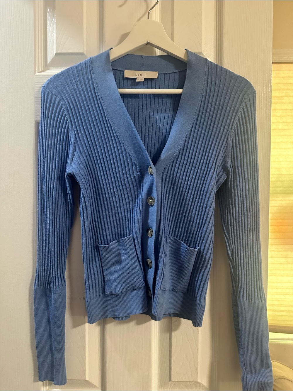 LOFT Light Blue Ribbed V-Neck Button Cardigan